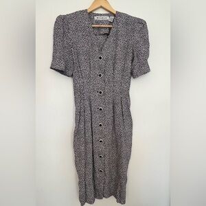 ✅Ms Chaus Vintage sz 8 dress black white buttons pockets belted rayon 80s office